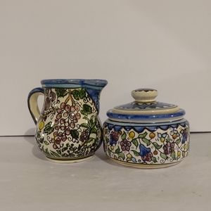 Hand painted bisque, sugar bowl and creamer. Anemones flower motif